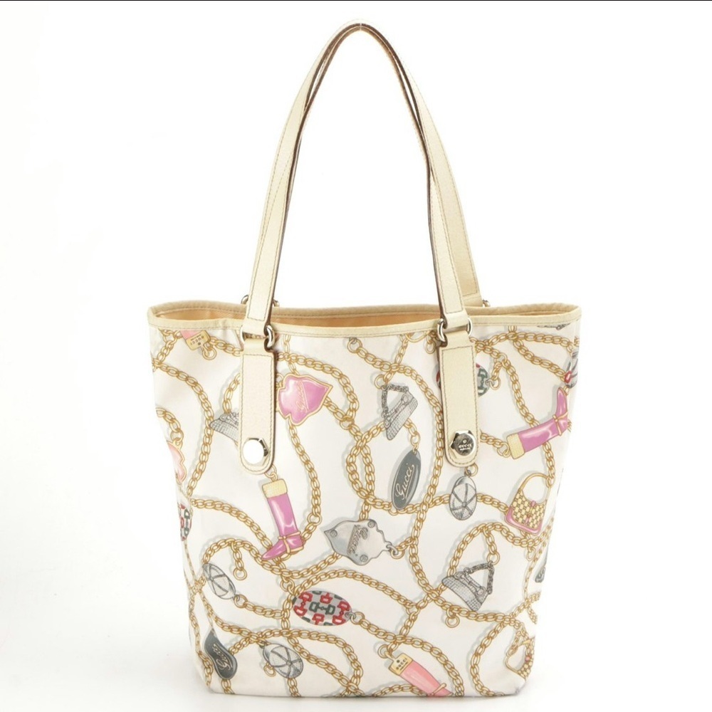 Rare GUCCI Charm Print Satin Tote with Cinghiale Leather trim